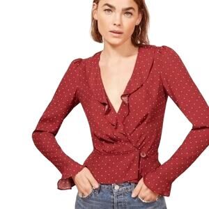 REFORMATION Lee Top Red Polka Dot Wrap Blouse Ruffle Women's XS